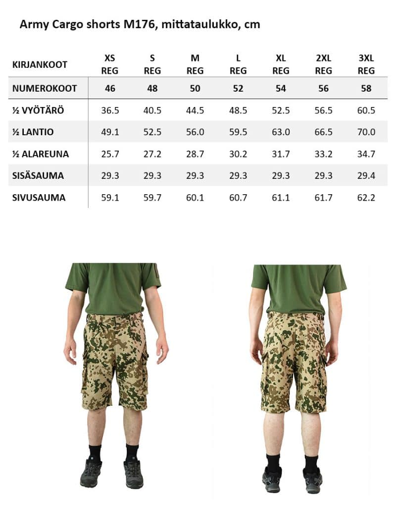army cargo shorts mittataulukko